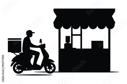 Delivery scooter driver arriving at storefront silhouette