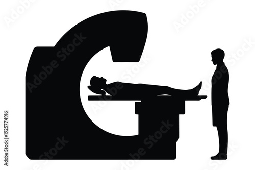 Patient on medical table with radiation therapy machine silhouette