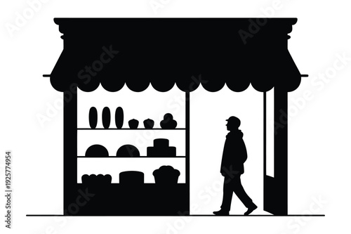 Silhouette of a baker shop owner or customer entering store