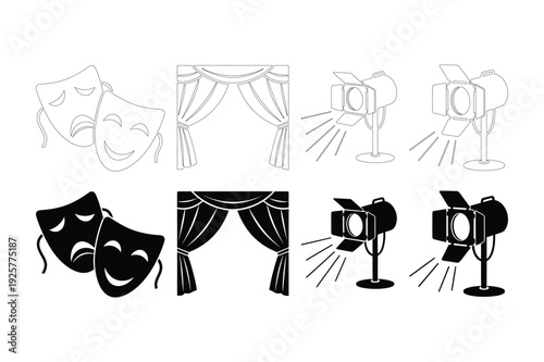 Theater and Performance Icons: Masks, Curtains, and Spotlights