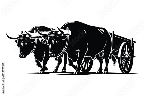 Bullocks Pulling Cart - Strong Silhouette Vector