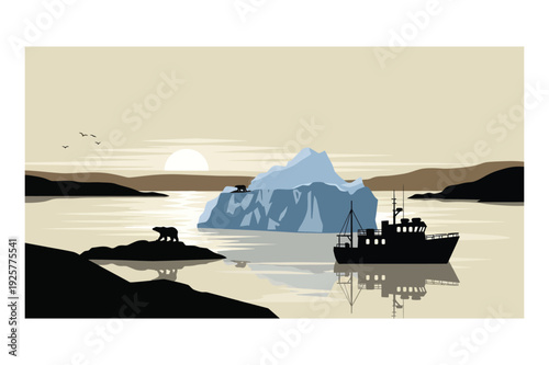 Arctic Scene: Iceberg, Fishing Boat, Polar Bears