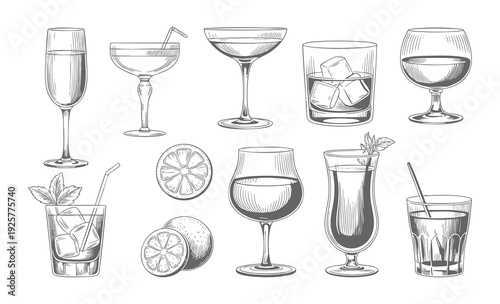 Vintage hand drawn cocktail glass set with citrus garnish and straws. Engraving style drink Vector illustration.