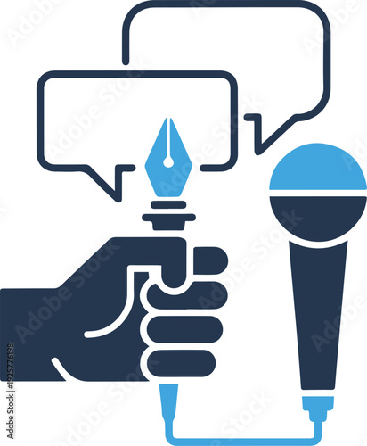 Minimal Journalism Icon Featuring Hand Holding Fountain Pen, Microphone, and Speech Bubbles for Media and Storytelling Concept