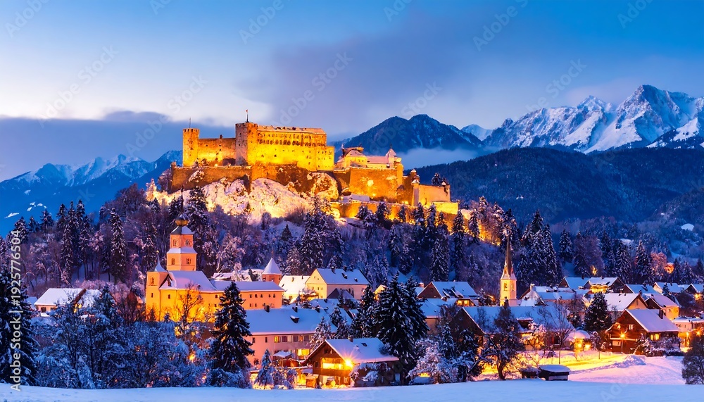 Obraz premium Snowy Landscape with Illuminated Castle and Mountains.