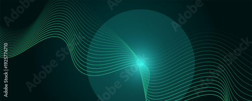 3D green techno abstract background overlap layer on dark space with glowing waves shape effect decoration. Modern graphic design element lines style concept for banner, flyer, card, or brochure cover
