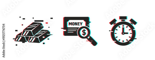 Glitch icons: gold bars, financial news, stopwatch graphic design