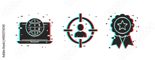 Digital network connection, target audience, and quality badge icons with glitch effect