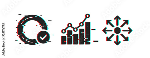 Abstract glitch effect icons: progress, analytics, direction