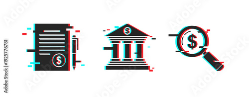 Glitch effect: financial document, bank, and magnifying glass with dollar signs