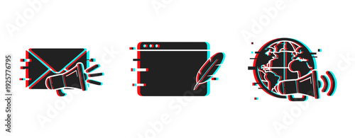 Glitch effect icons of mail, browser, and global communication with megaphones