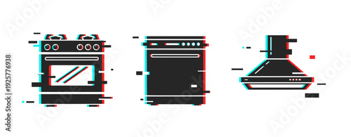 Glitch effect: oven, dishwasher, range hood icons in digital art style