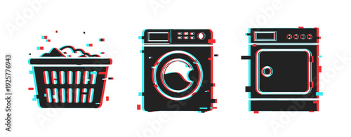 Laundry icons with glitch effect: washing machine, dryer, basket