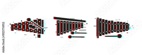 Minimalist triad of xylophones with mallets in abstract geometric style
