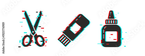 Glitch art style: scissors, glue stick, and bottle icon trio
