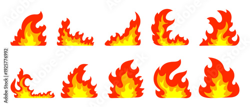 Fire flames cartoon flat clip art set, bright flames of different shapes design, Hot fireballs.