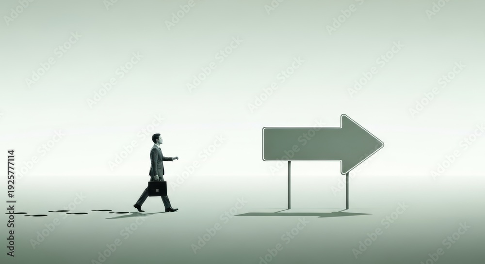 Fototapeta premium Businessman walking towards directional arrow symbolizing career progress and decision making