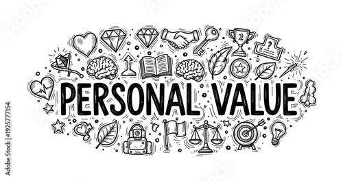 Hand-drawn personal value concepts with icons and symbols in black and white