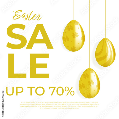 Easter. A square Easter sale banner featuring bright yellow painted eggs hanging on a string. Minimalism. Editable template.