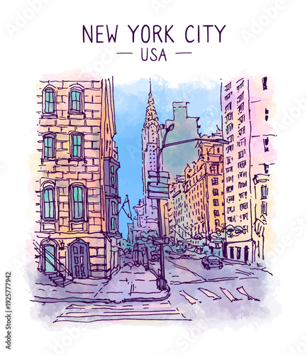 Architecture sketch illustration. An urban colorful landscape of Manhattan, Murray Hill, New York, USA. Freehand digital drawing of the street. Hand drawn travel postcard. Watercolor background.