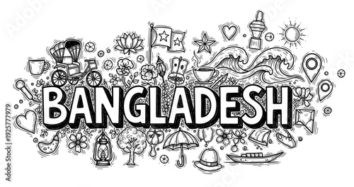 Detailed black and white doodle of bangladesh symbols and landmarks