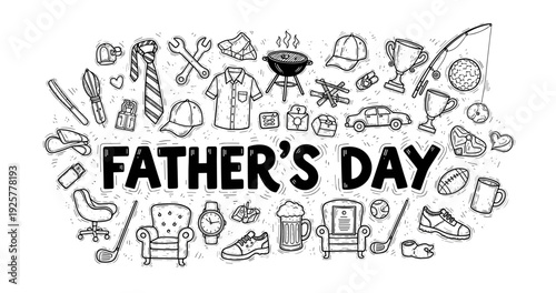 Father's day celebration: tools, sports, and hobbies doodle set