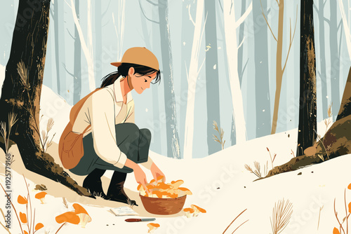 Hiker Collecting Wild Mushrooms in Forest