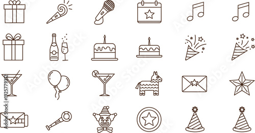 Black and white line drawing of 20 different party icons isolated on transparent background