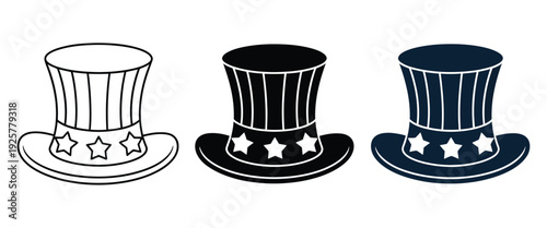 American patriotic top hat vector icon, Fourth of July and Independence Day symbol with stars, stripes, and USA flag elements, ideal for digital graphics, holiday marketing, and celebration-themed 