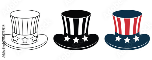 Patriotic top hat icon, USA Independence Day vector, Fourth of July celebration symbol featuring American flag, stars and stripes, perfect for holiday designs, patriotic events, and festive 