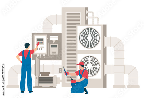 Industrial HVAC system maintenance and repair. Engineers inspecting air conditioners and ventilation units. Heating, cooling, and climate control technology concept.