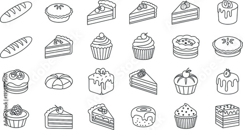 A collection of 20 different cake and pastry illustrations isolated on transparent background