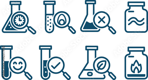 Laboratory equipment icons with magnifying glasses isolated on transparent background