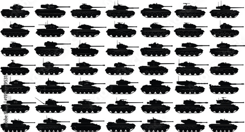 Large collection of military tank silhouettes featuring various armored vehicle designs isolated on white background for army warfare and historical combat illustrations