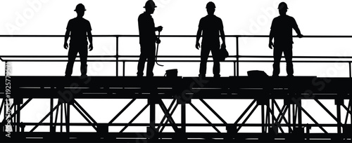 Silhouette of four construction workers wearing hard hats standing on a high scaffold platform at a building site against a white background
