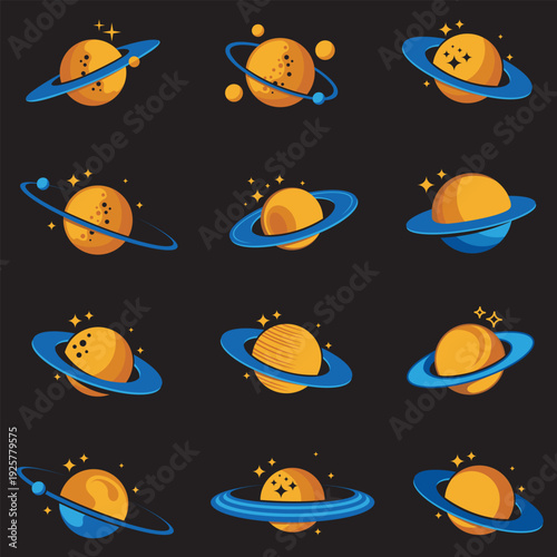 design collection of planet saturn with stars isolated on black background