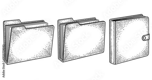 Set of three vintage-style sketches of file folders and notebook