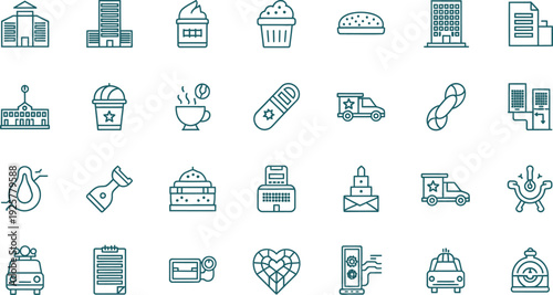Collection of 20 minimalist icons on various objects isolated on transparent background