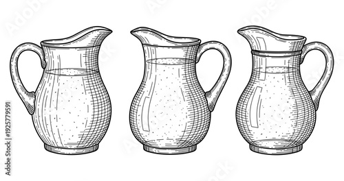Vintage line art of three glass jugs with water on white background