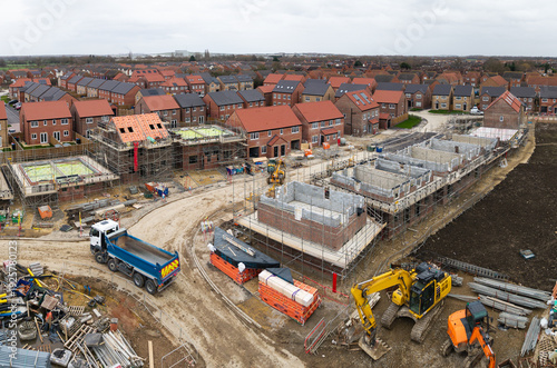 Aerial view directly above a new build housing construction site in the UK
