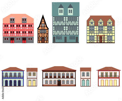 Vectorized houses in Germanic and colonial baroque style.