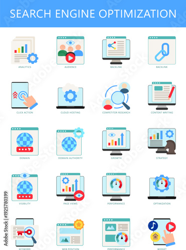 Search Engine Optimization flat color icon pack. contain analytics, audience, back link, click action, cloud, hosting, research, content, domain and more. Vector for UI, UX, web and app development.
