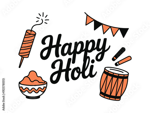 Happy Holi celebration elements include a drum.