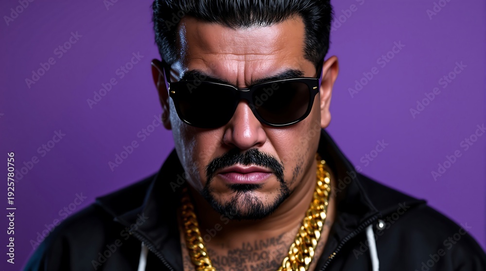 Obraz premium Close-up portrait of a serious man wearing black sunglasses and a gold chain against a purple background, bold urban style concept.