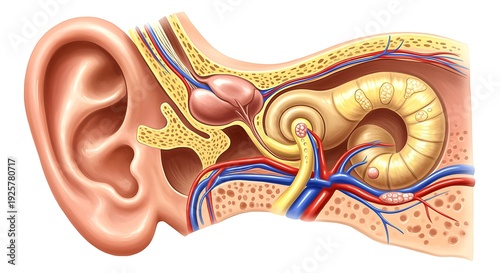 Anatomy of the human ear with detailed internal structures and blood vessels  ear anatomy  inner ear  human body