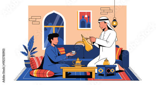 Modern vector illustration of Arabic coffee ceremony with dallah pot and cups served to guest in traditional living room representing hospitality, respect and cultural tradition