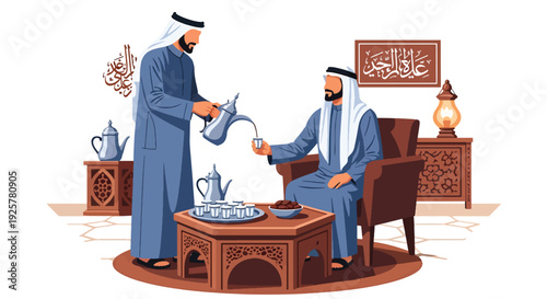 Modern vector illustration of Arabic coffee ceremony with dallah pot and cups served to guest in traditional living room representing hospitality, respect and cultural tradition
