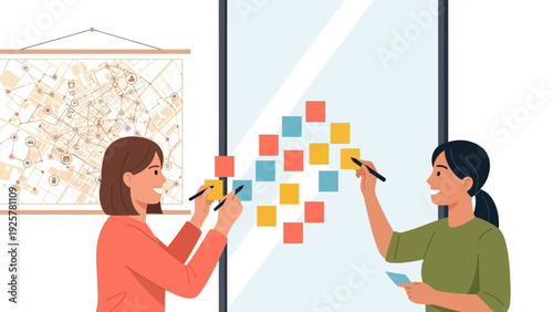 Collaborative team planning with sticky notes in modern office setting