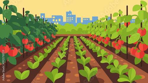Urban agriculture: flat style city farming with vegetables and greenery