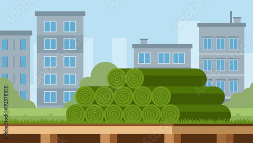 Urban landscaping with rolled grass turfs and layered soil cutaway
